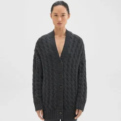Theory Cable Knit Cardigan In Felted Wool-Cashmere-Women Sweaters + Cardigans
