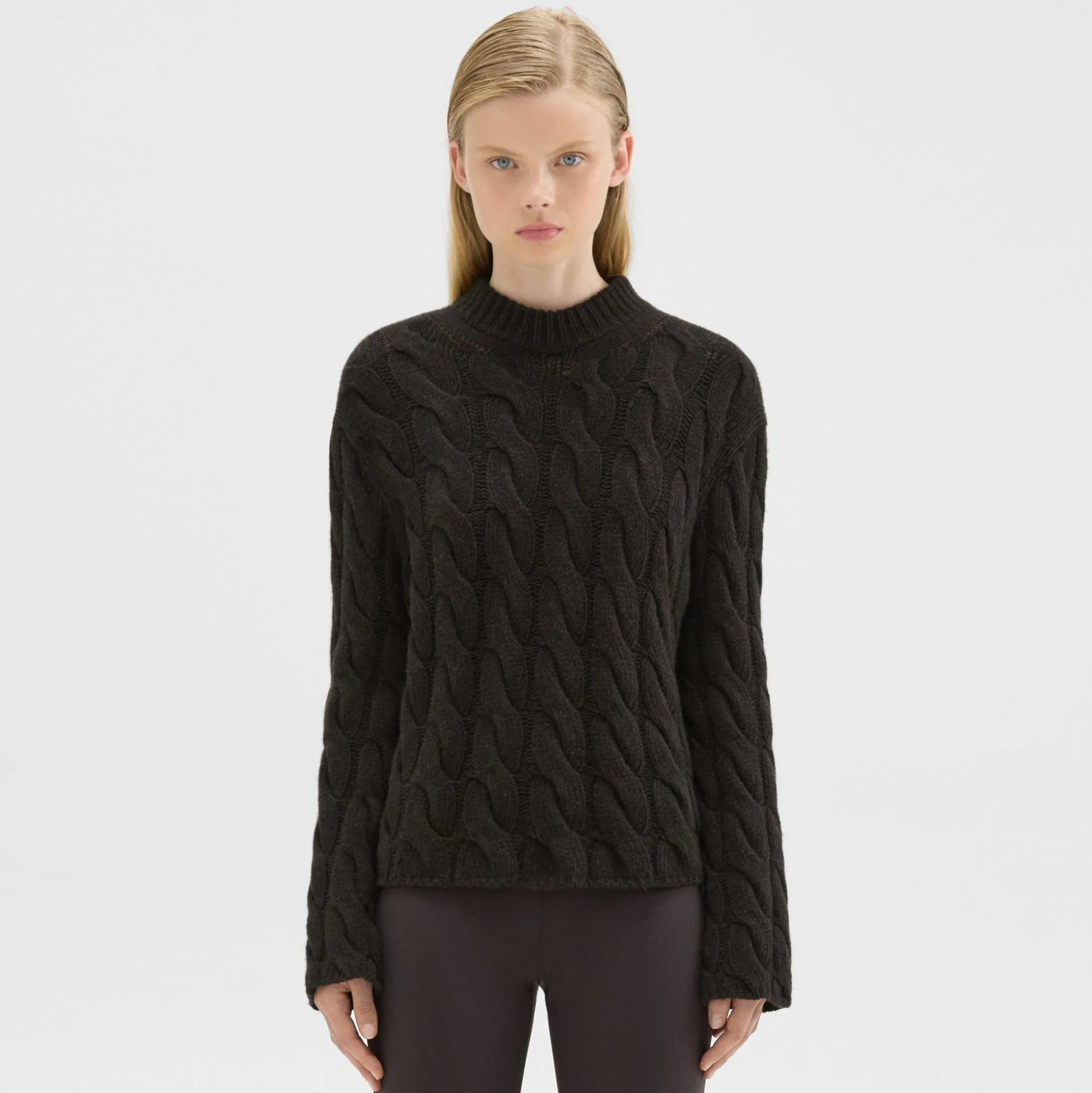 Theory Cable Knit Mock Neck Sweater In Felted Wool-Cashmere-Women Sweaters + Cardigans