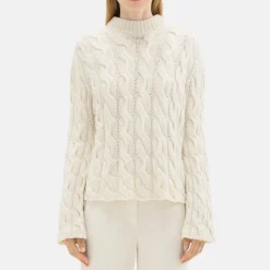 Theory Cable Knit Mock Neck Sweater In Felted Wool-Cashmere-Women Sweaters + Cardigans