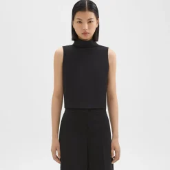 Theory Cropped Roll Neck Top In Double Weave-Women Tops