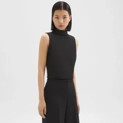 Theory Cropped Roll Neck Top In Double Weave-Women Tops
