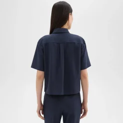 Theory Cropped Short-Sleeve Shirt In Good Wool-Women Tops