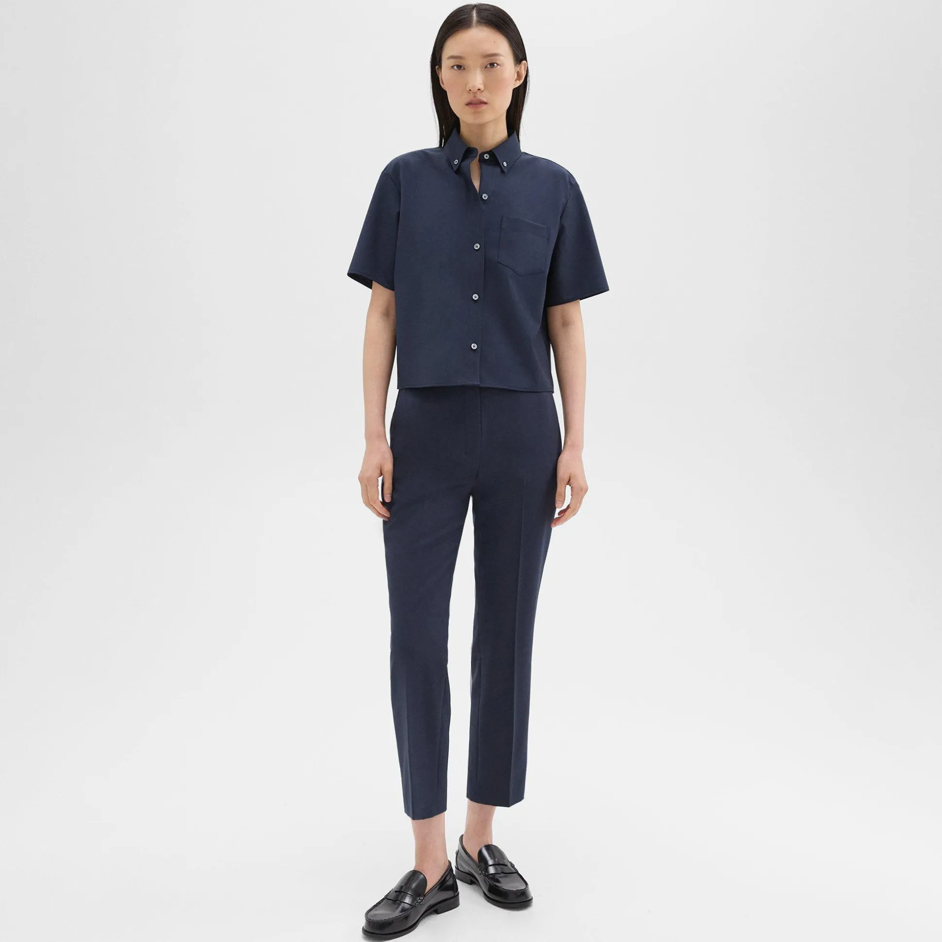 Theory Cropped Short-Sleeve Shirt In Good Wool-Women Tops