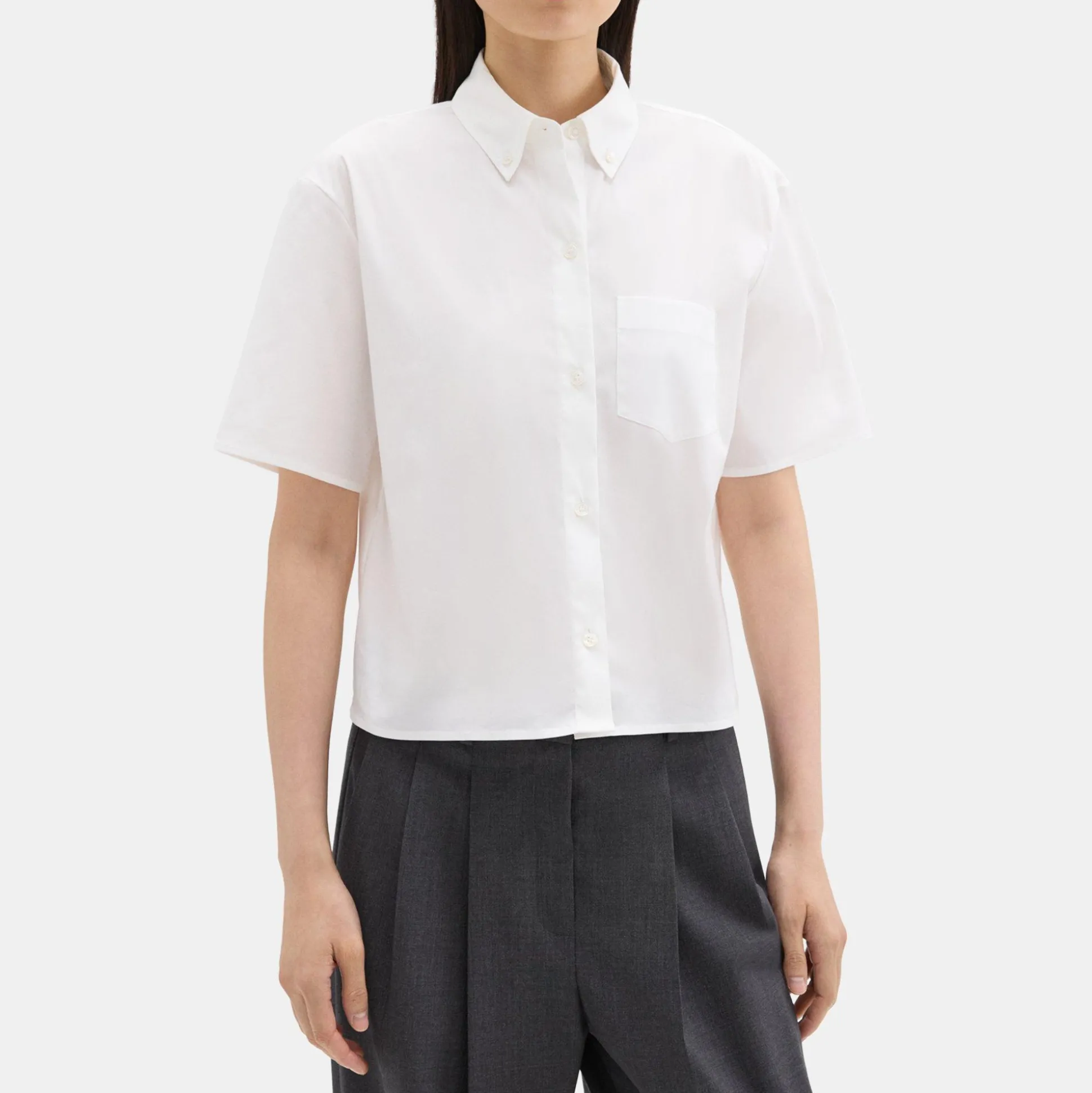 Theory Cropped Short-Sleeve Shirt In Good Cotton-Women Tops