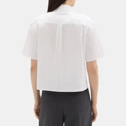 Theory Cropped Short-Sleeve Shirt In Good Cotton-Women Tops