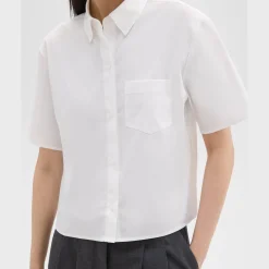 Theory Cropped Short-Sleeve Shirt In Good Cotton-Women Tops