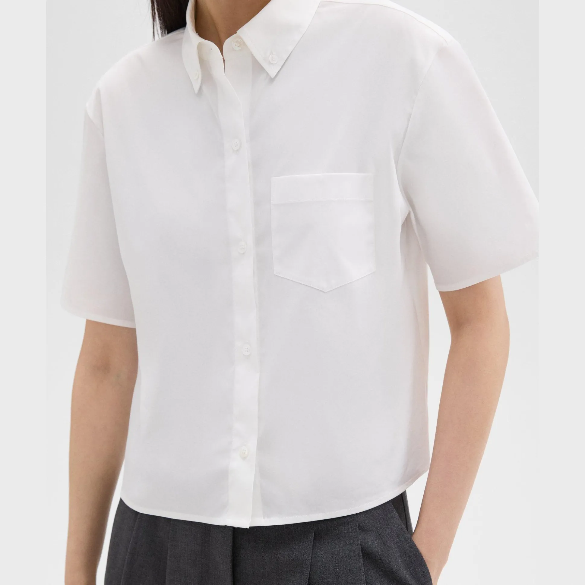 Theory Cropped Short-Sleeve Shirt In Good Cotton-Women Tops