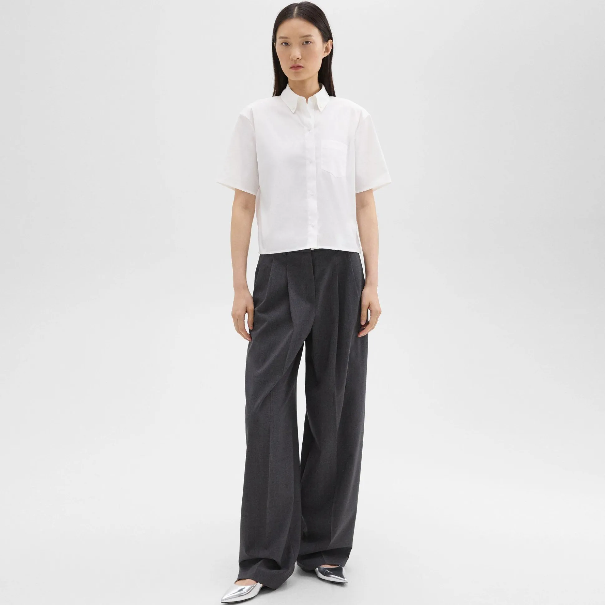 Theory Cropped Short-Sleeve Shirt In Good Cotton-Women Tops