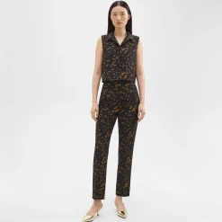 Theory Cropped Sleeveless Polo In Tortoiseshell Printed Crepe-Women Tops