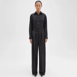 Theory Double Pleat Pant In Sleek Flannel-Women Suits|Pants