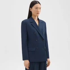 Theory Double-Breasted Blazer In Viscose Twill-Women Suits|Blazers + Jackets