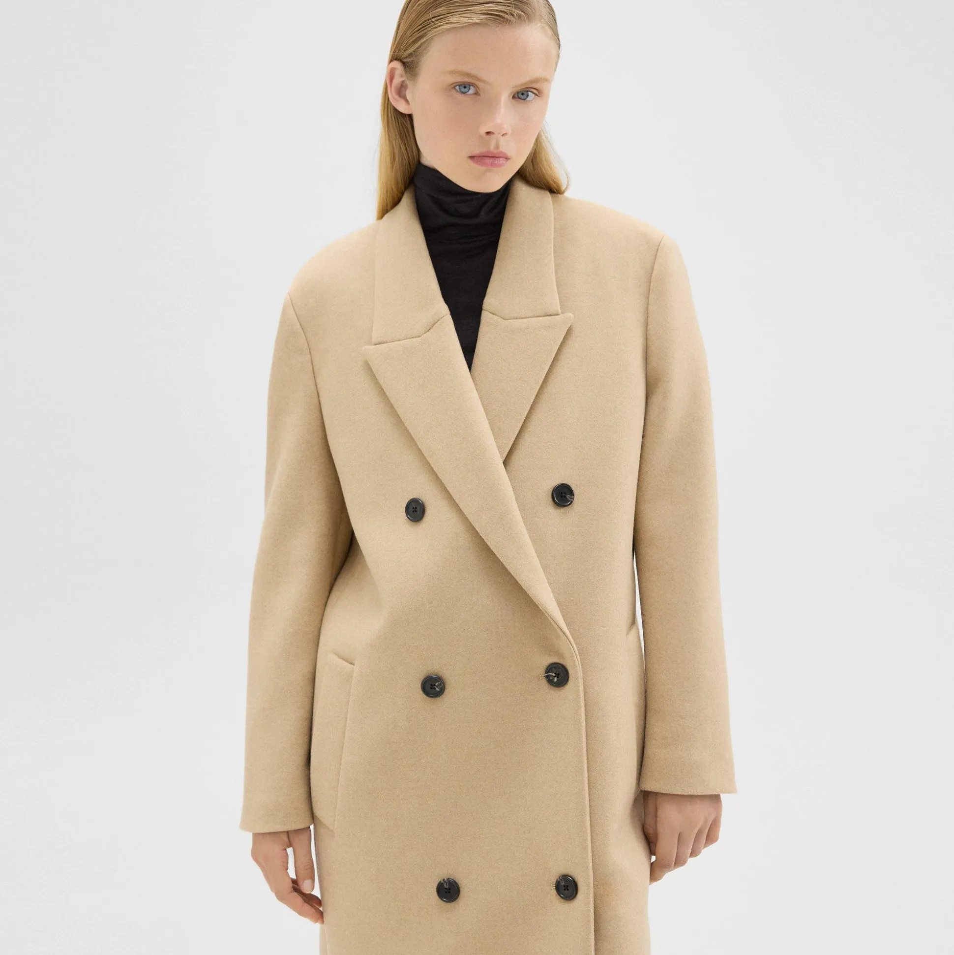 Theory Double-Breasted Coat In Recycled Wool-Blend Melton-Women Outerwear