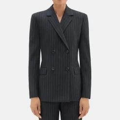 Theory Double-Breasted Slim Blazer In Pinstripe Wool Flannel-Women Suits|Blazers + Jackets