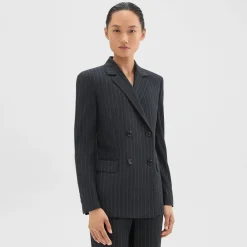 Theory Double-Breasted Slim Blazer In Pinstripe Wool Flannel-Women Suits|Blazers + Jackets