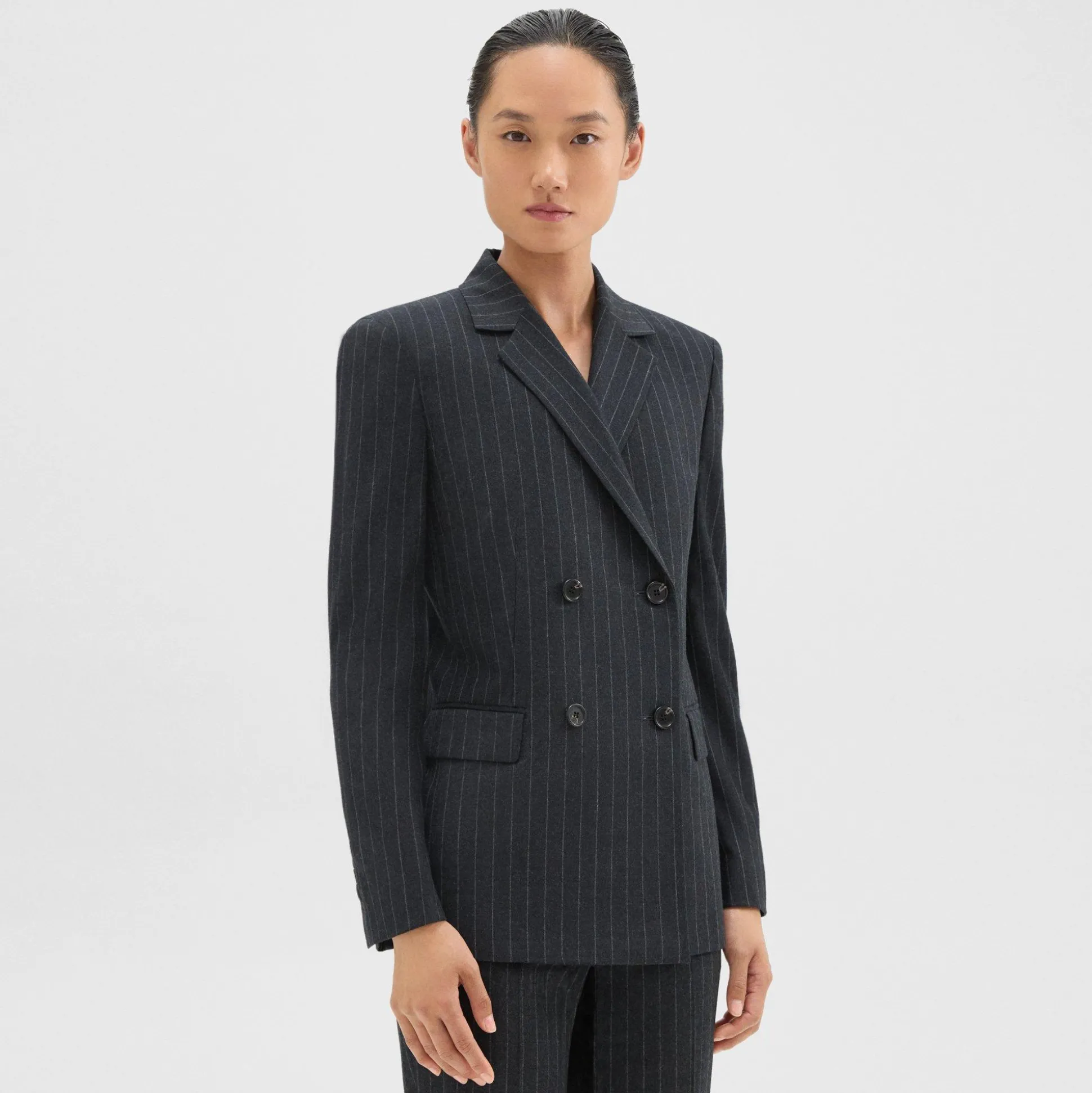 Theory Double-Breasted Slim Blazer In Pinstripe Wool Flannel-Women Suits|Blazers + Jackets