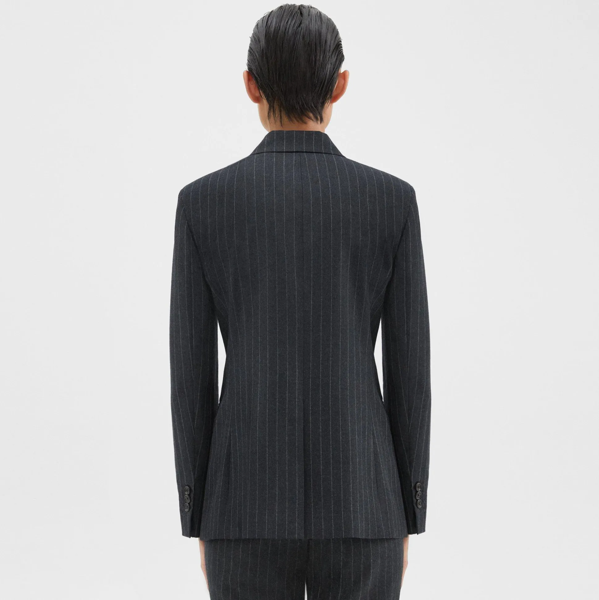 Theory Double-Breasted Slim Blazer In Pinstripe Wool Flannel-Women Suits|Blazers + Jackets
