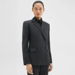 Theory Double-Breasted Slim Blazer In Sleek Flannel-Women Suits|Blazers + Jackets