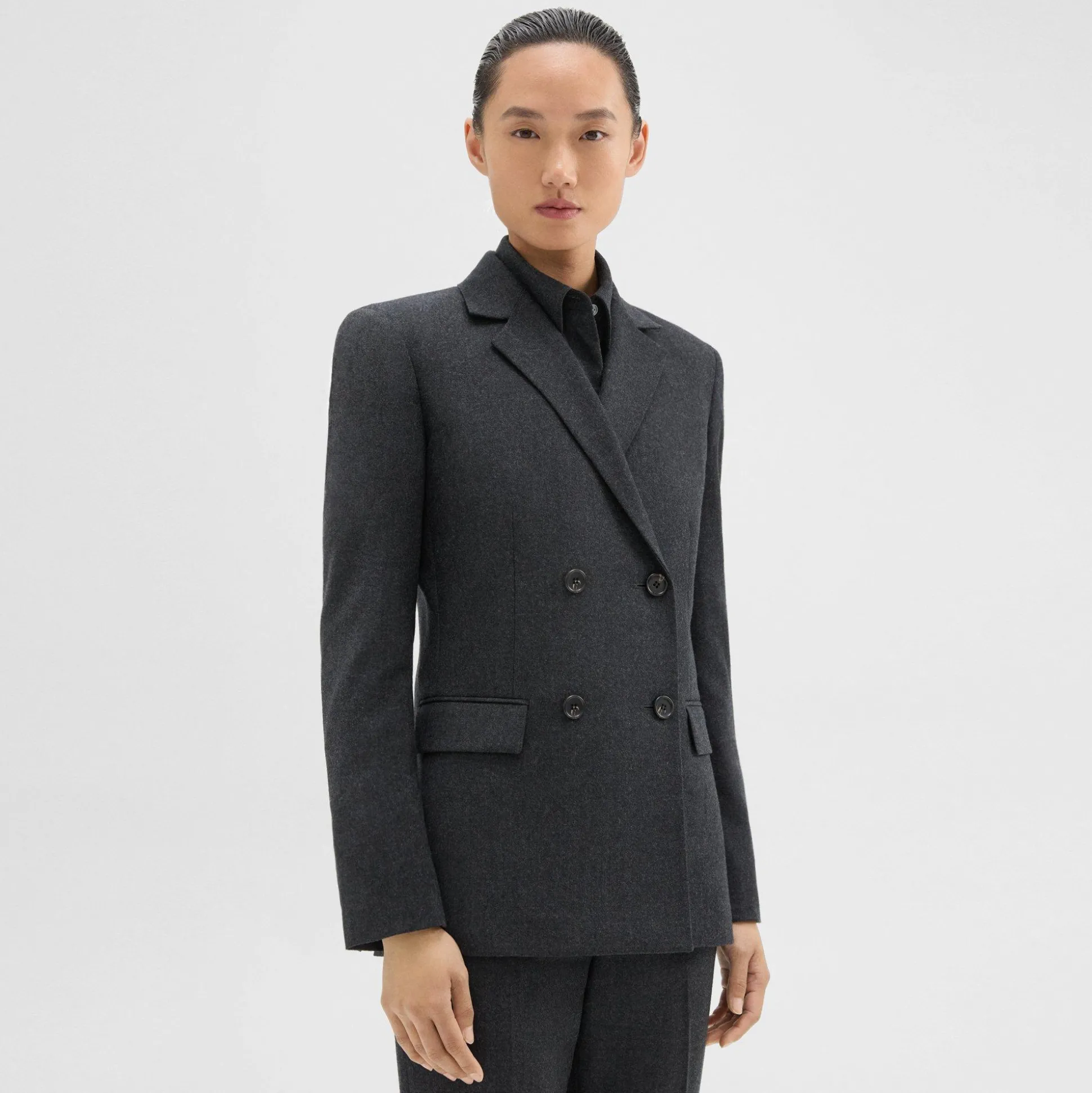 Theory Double-Breasted Slim Blazer In Sleek Flannel-Women Suits|Blazers + Jackets