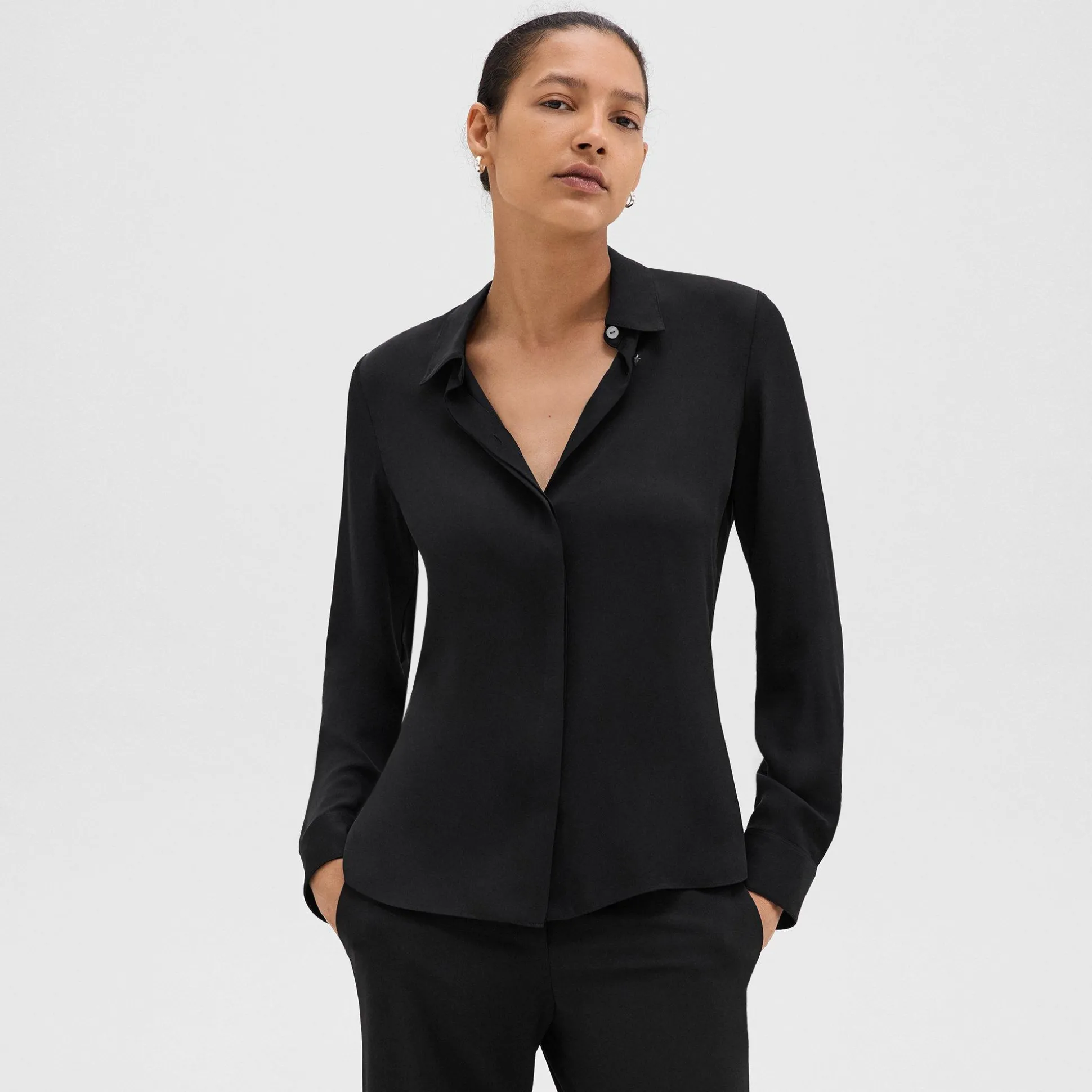Theory Fitted Shirt In Silk Georgette-Women Tops