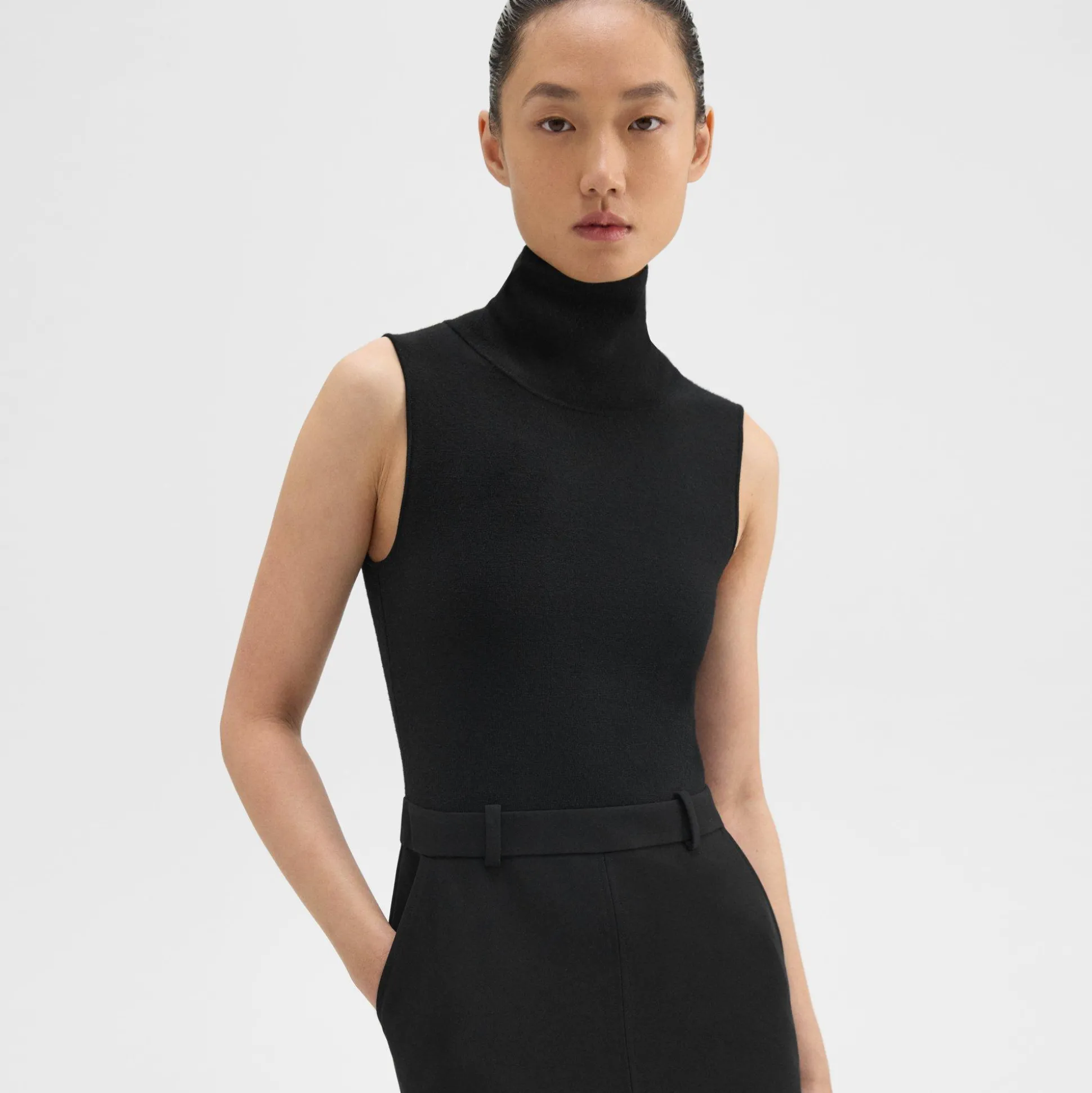 Theory Funnel Neck Combo Dress In Admiral Crepe-Women Dresses