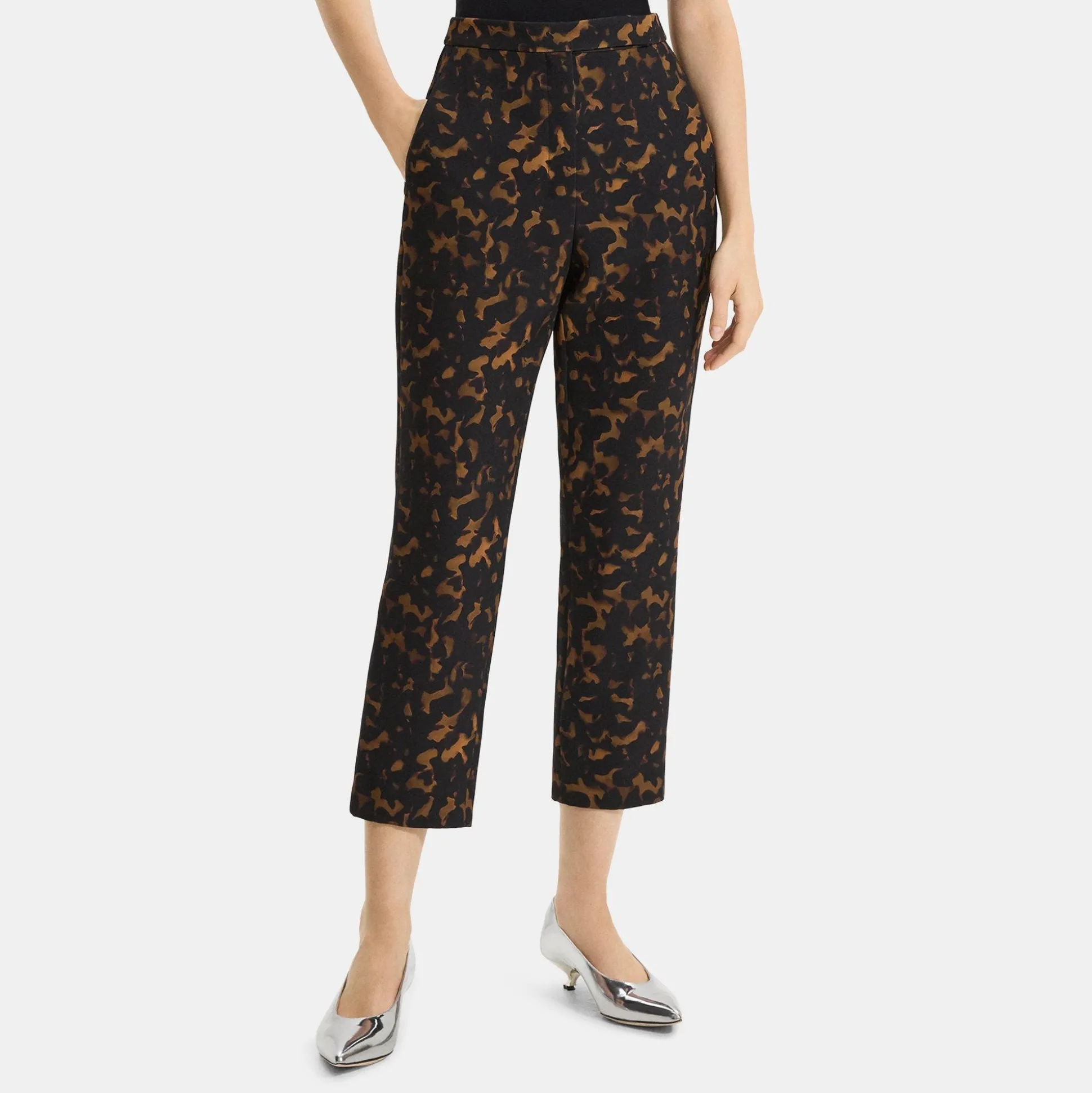 Theory High-Waist Slim Crop Pant In Tortoiseshell Printed Crepe-Women Suits|Pants
