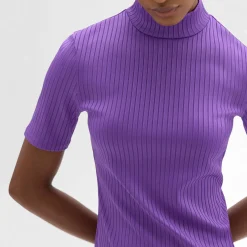 Theory Mock Neck Short-Sleeve Top In Rib Knit-Women T-Shirts