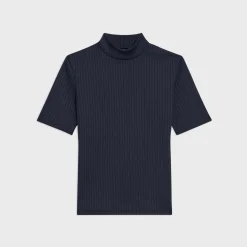 Theory Mock Neck Short-Sleeve Top In Rib Knit-Women T-Shirts
