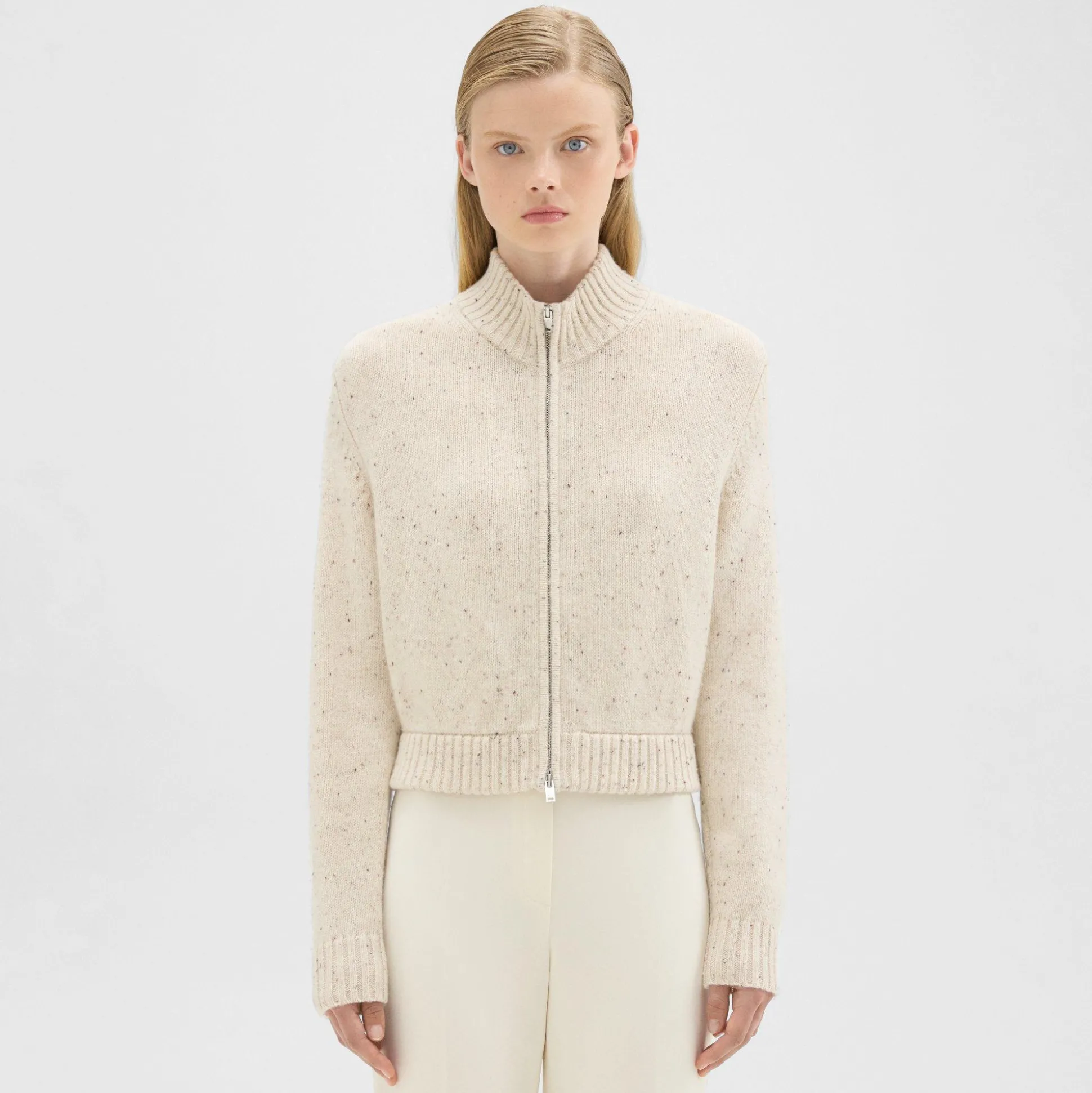 Theory Mock Neck Zip-Up Cardigan In Donegal Wool-Cashmere-Women Sweaters + Cardigans