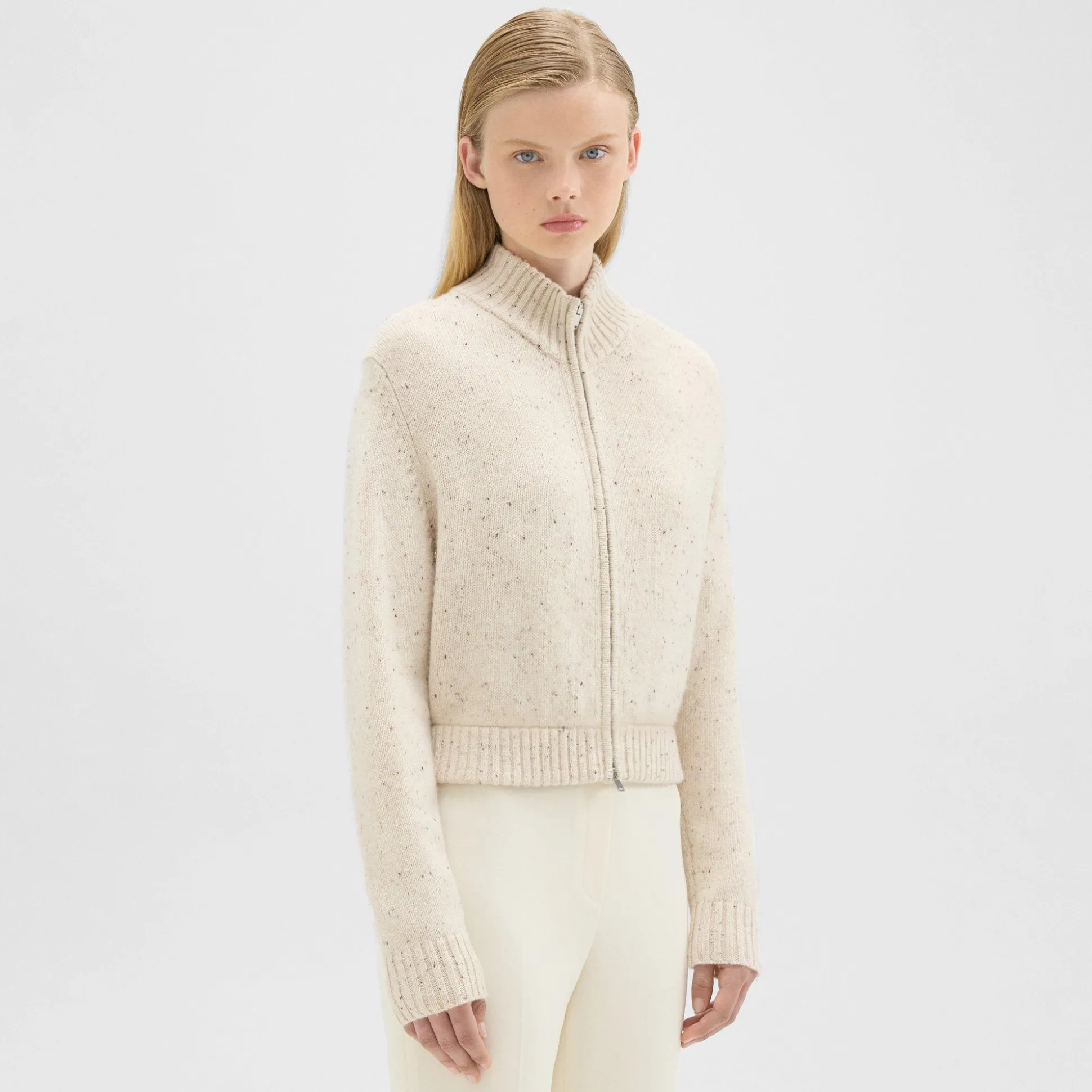 Theory Mock Neck Zip-Up Cardigan In Donegal Wool-Cashmere-Women Sweaters + Cardigans