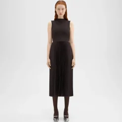 Theory Pleated Combo Dress In Textured Satin-Women Dresses