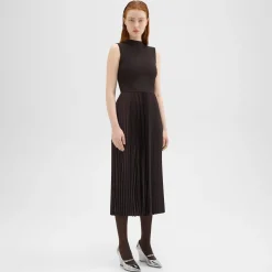 Theory Pleated Combo Dress In Textured Satin-Women Dresses