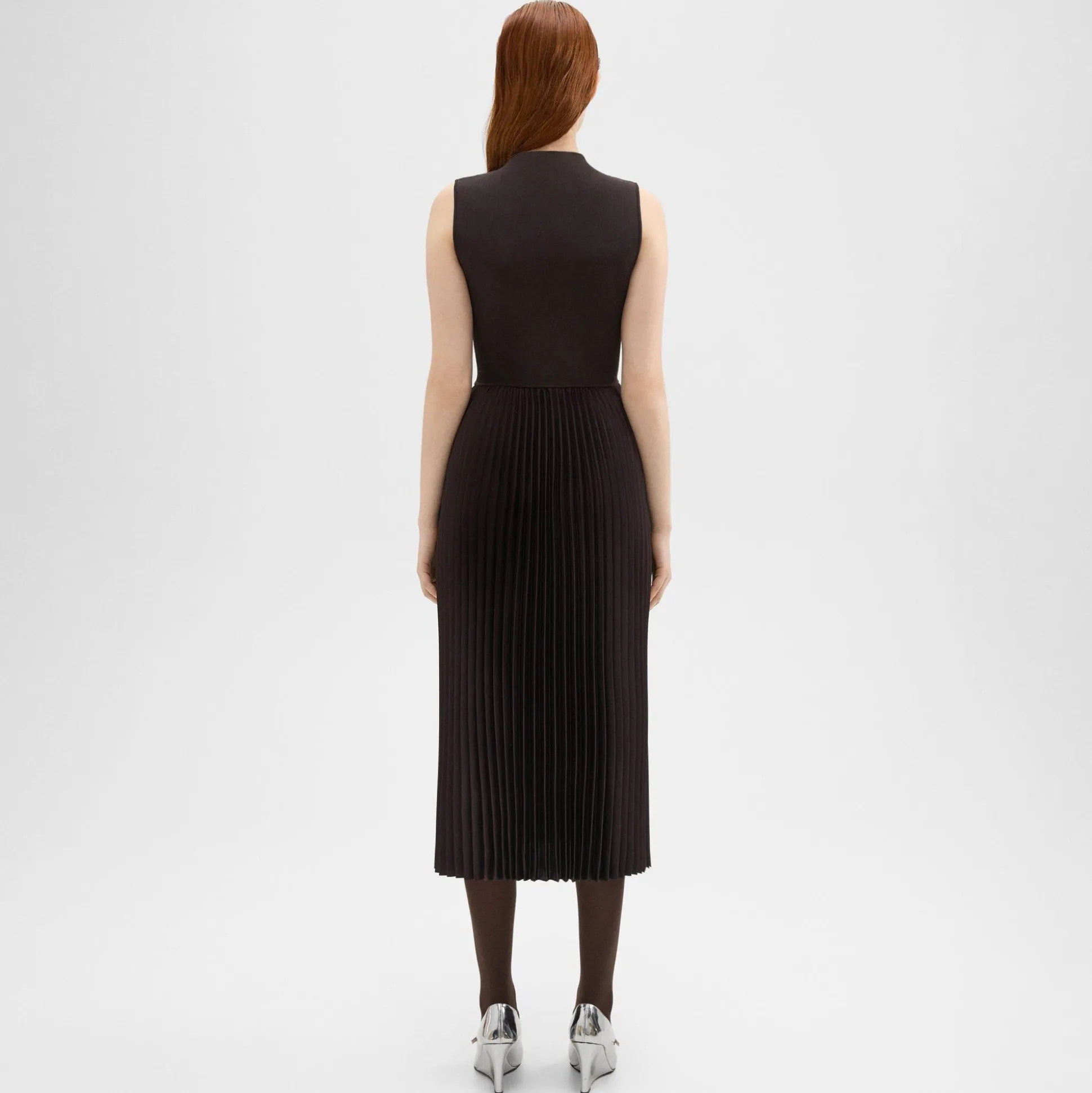 Theory Pleated Combo Dress In Textured Satin-Women Dresses