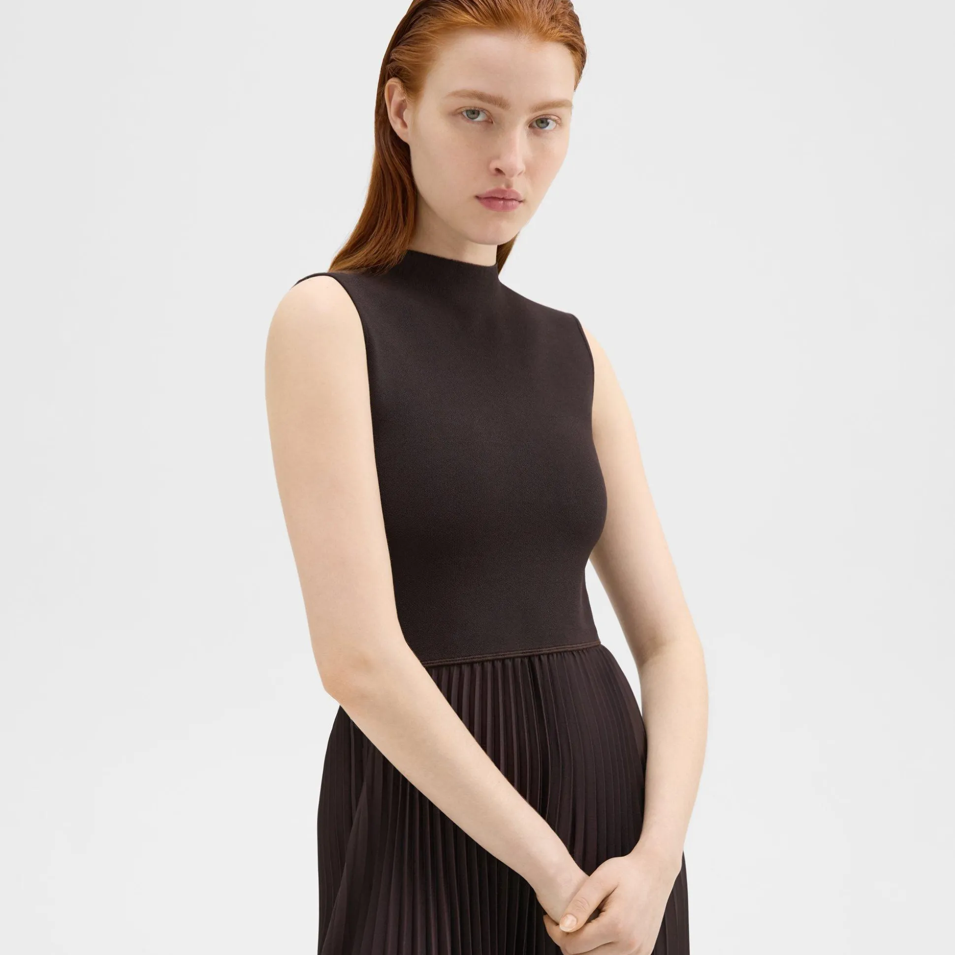 Theory Pleated Combo Dress In Textured Satin-Women Dresses