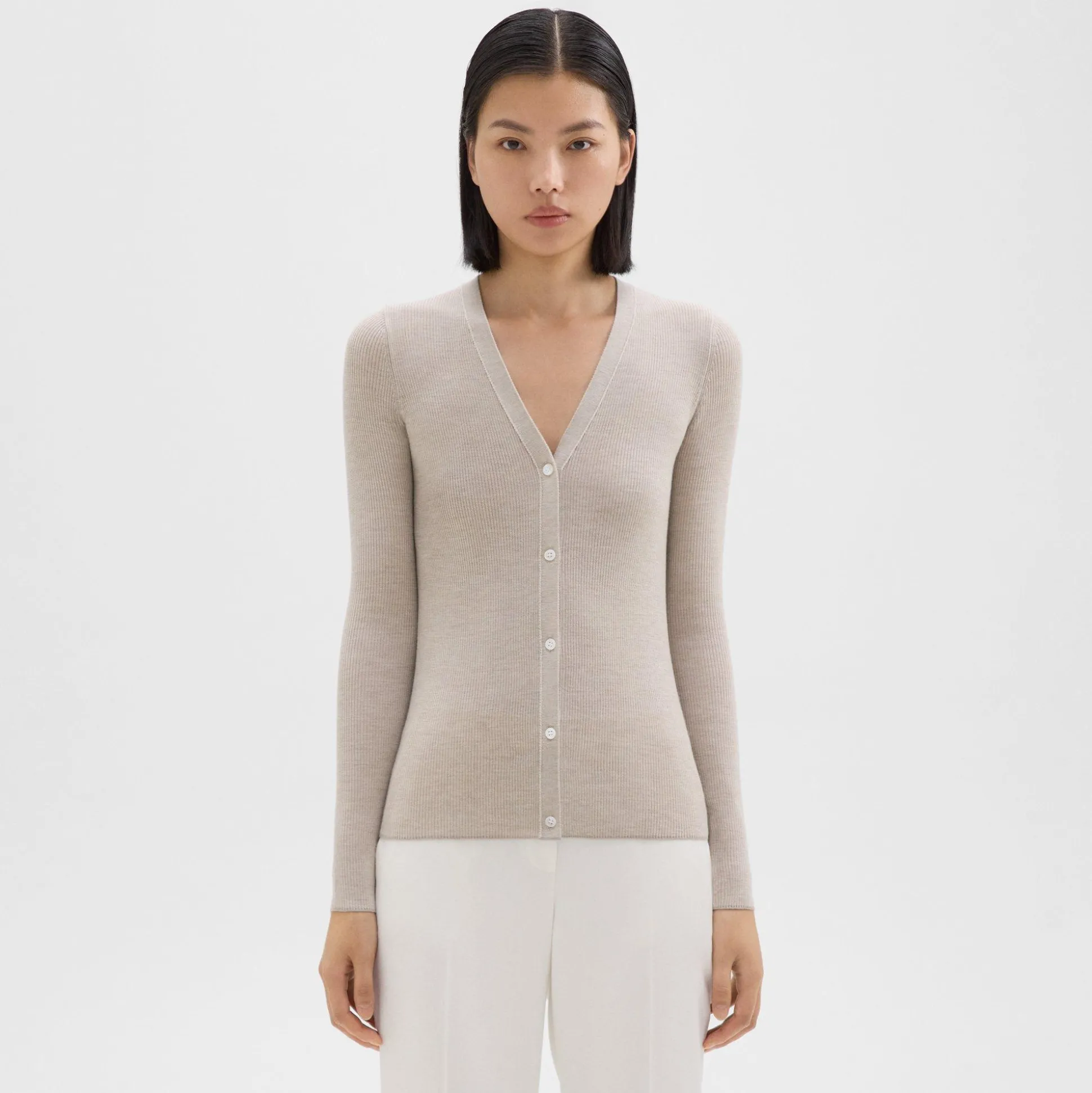 Theory Rib Knit V-Neck Cardigan In Regal Wool-Women Sweaters + Cardigans
