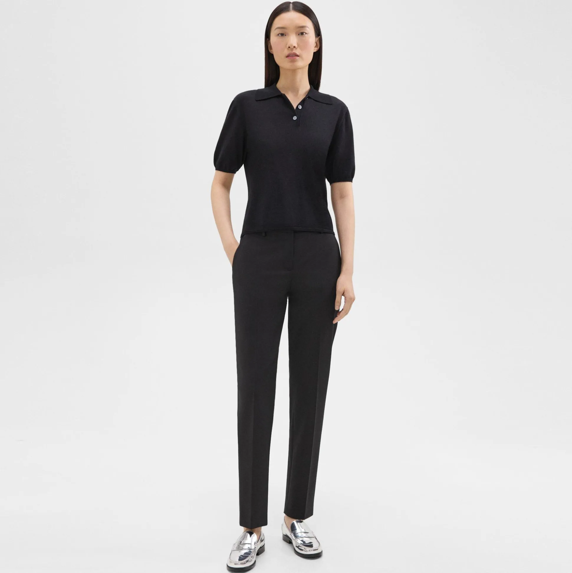 Theory Short-Sleeve Polo Sweater In Regal Wool-Women Sweaters + Cardigans