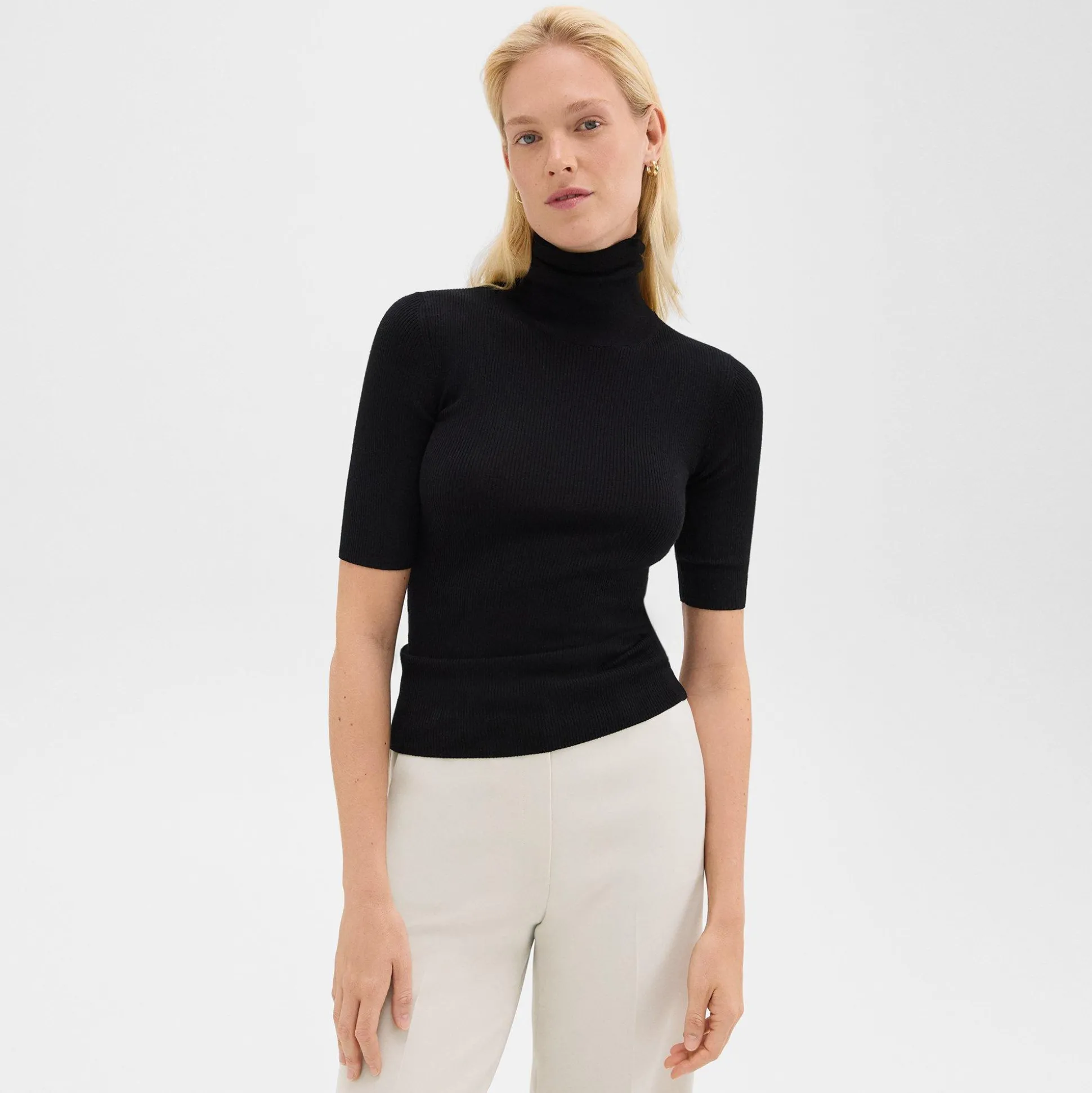 Theory Short-Sleeve Turtleneck In Merino Wool-Women Sweaters + Cardigans