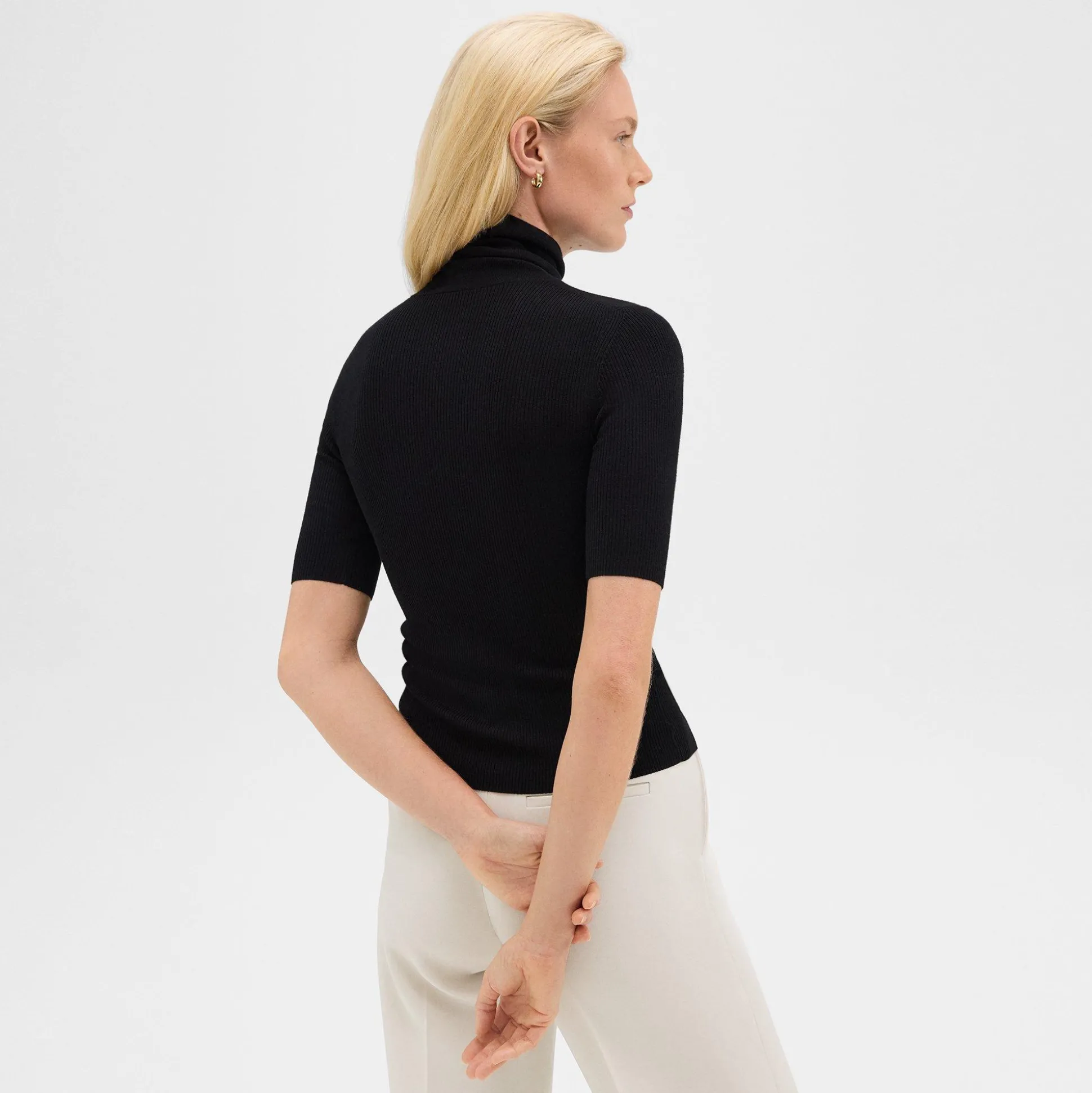 Theory Short-Sleeve Turtleneck In Merino Wool-Women Sweaters + Cardigans