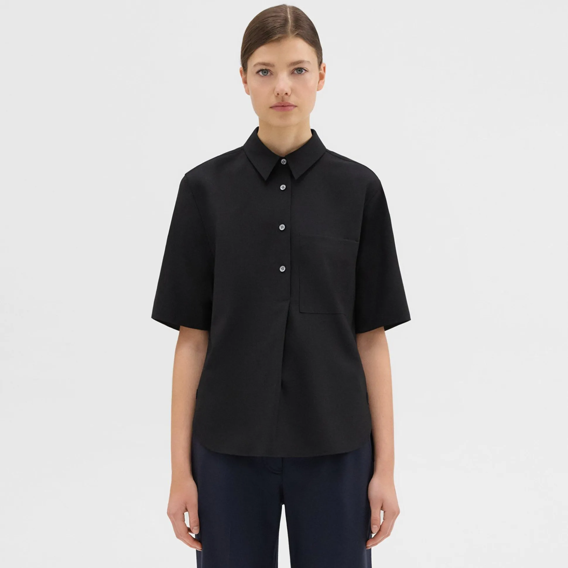 Theory Short-Sleeve Virgin Wool Popover Shirt-Women Tops