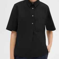 Theory Short-Sleeve Virgin Wool Popover Shirt-Women Tops