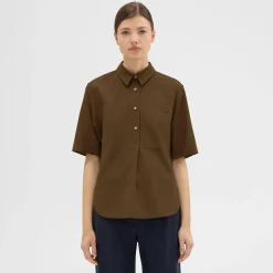 Theory Short-Sleeve Virgin Wool Popover Shirt-Women Tops