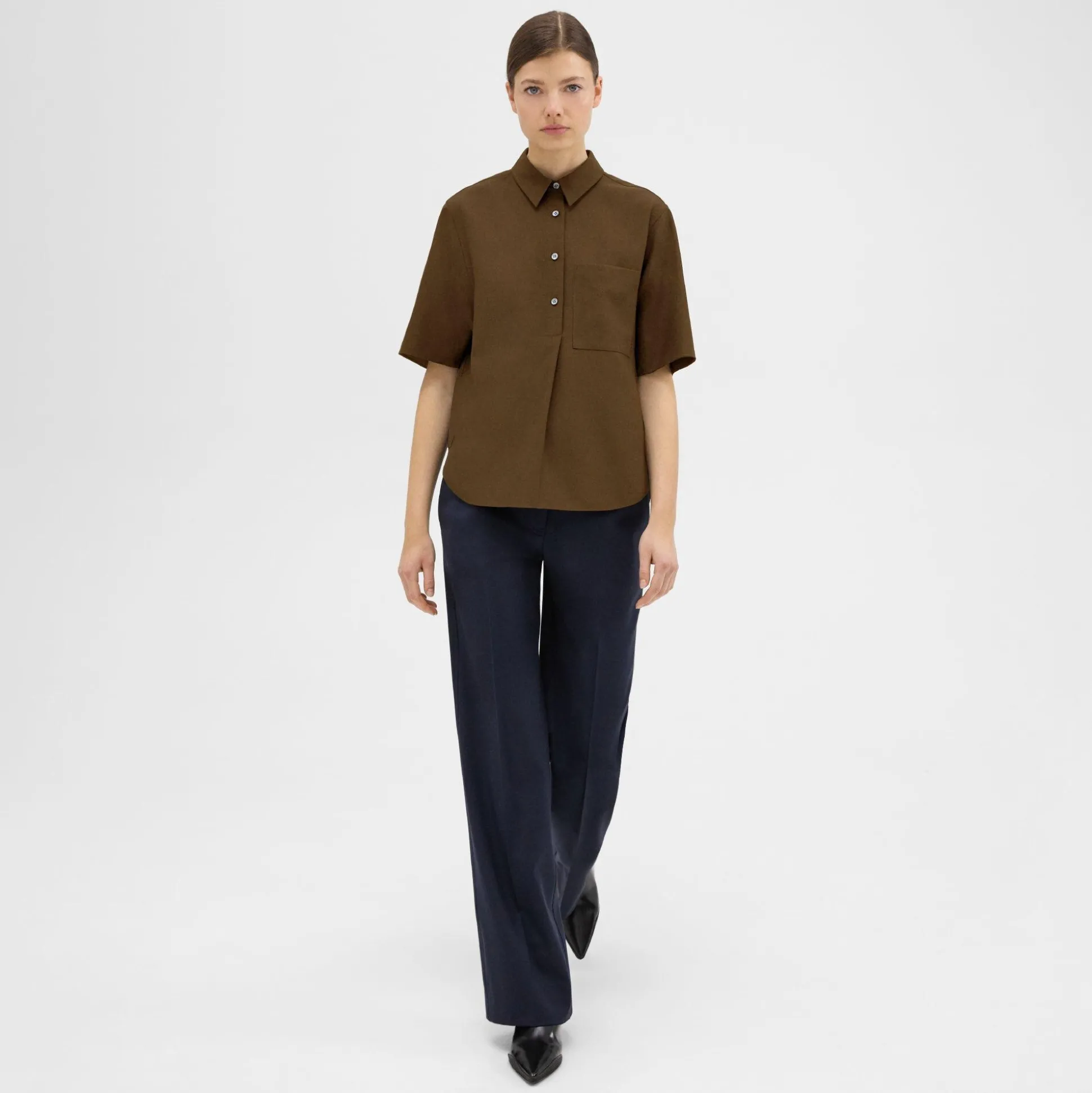 Theory Short-Sleeve Virgin Wool Popover Shirt-Women Tops