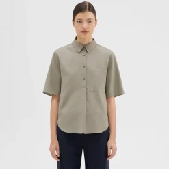 Theory Short-Sleeve Virgin Wool Popover Shirt-Women Tops