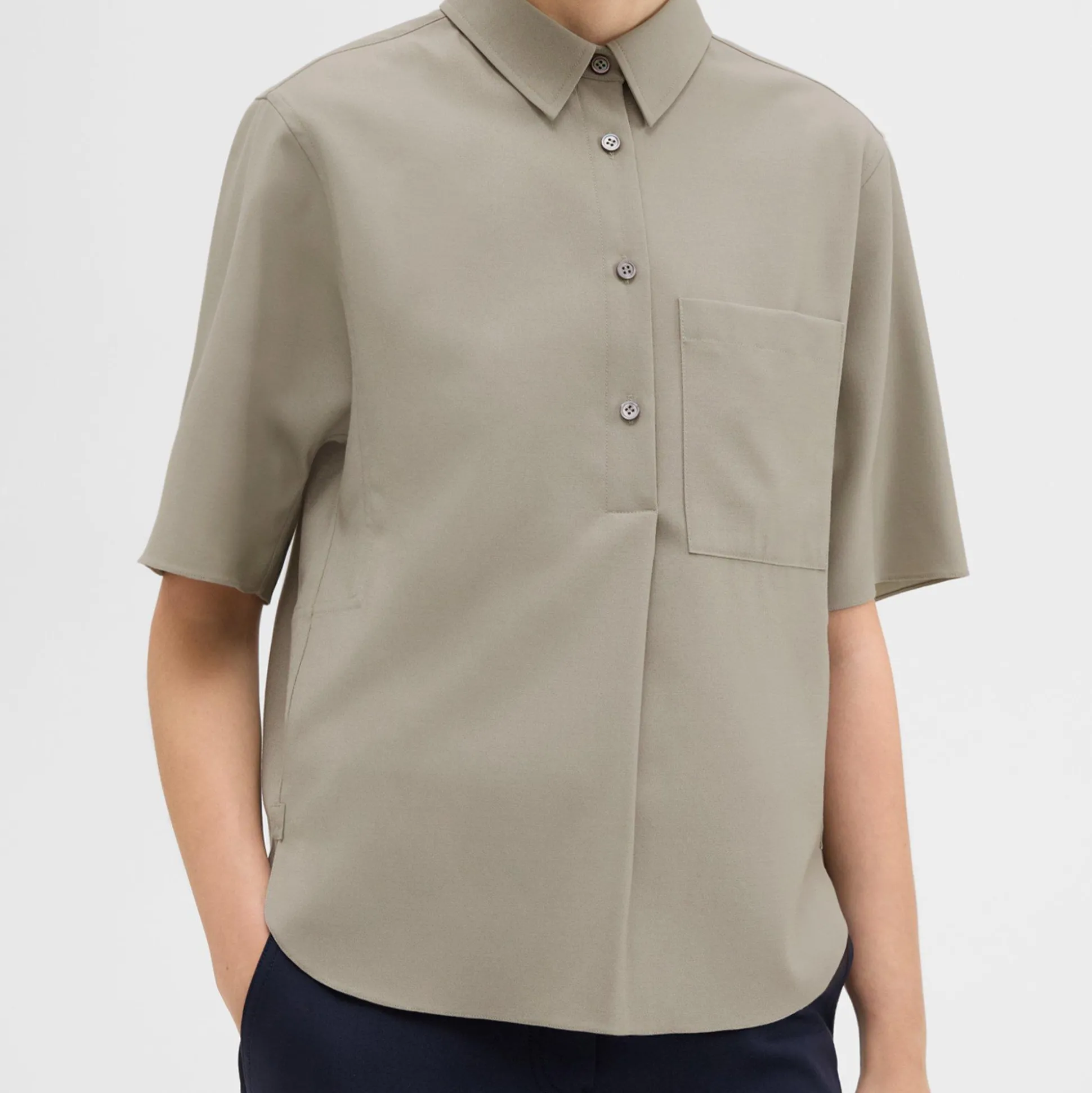 Theory Short-Sleeve Virgin Wool Popover Shirt-Women Tops
