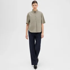 Theory Short-Sleeve Virgin Wool Popover Shirt-Women Tops