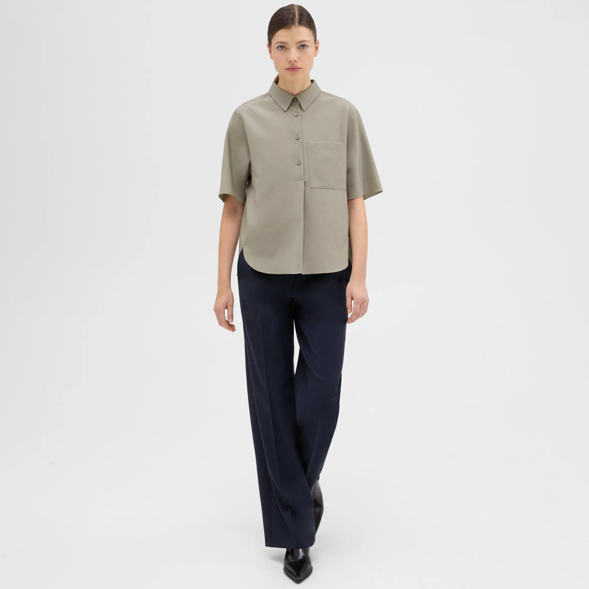 Theory Short-Sleeve Virgin Wool Popover Shirt-Women Tops