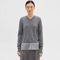Theory Silk Georgette V-Neck Combo Sweater-Women Sweaters + Cardigans