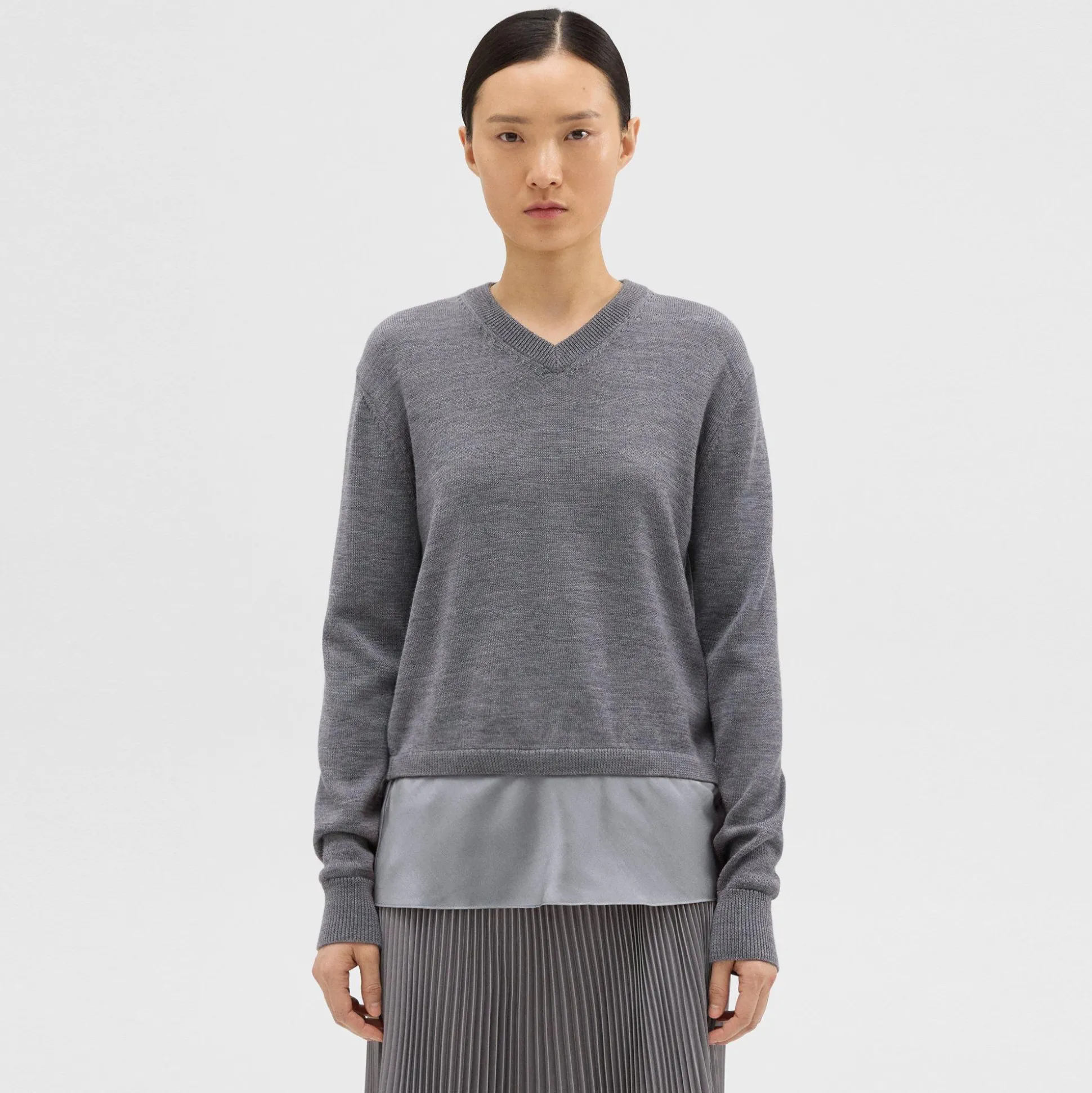 Theory Silk Georgette V-Neck Combo Sweater-Women Sweaters + Cardigans