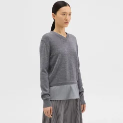 Theory Silk Georgette V-Neck Combo Sweater-Women Sweaters + Cardigans