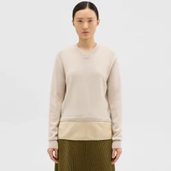 Theory Silk Georgette V-Neck Combo Sweater-Women Sweaters + Cardigans