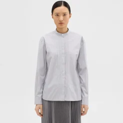 Theory Striped Cotton-Blend Band Collar Shirt-Women Tops